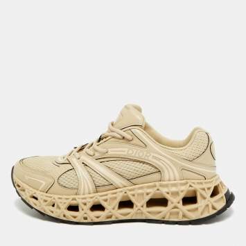 Pre Owned Dior B35 NXXT Size 45 Beige Leather and Mesh Lace Up Sneakers