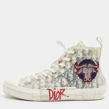 Pre Owned Dior Shawn Stussy B23 Size 45 Transparent/Grey Oblique Mesh and PVC 'Ox Head Embroidery Patch' High Top Sneakers