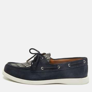 Pre Owned Dior Granville Boat Size 44 Navy Blue/Beige Oblique Jacquard and Suede Loafers