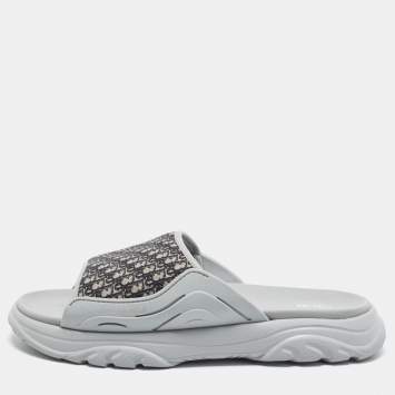 Pre Owned Dior H-Town Size 43 Beige/Grey Oblique Canvas and Rubber Slide Sandals