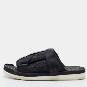 Pre Owned Dior Alpha Size 43 Black Oblique Canvas and Leather Flat Sandals