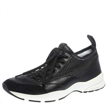 Pre Owned Dior Homme Black Leather And Stretch Knit Lace Up Sneakers Size 39