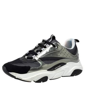 Pre Owned Dior Black/ Silver Mesh And Patent Leather B22 Runner Sneakers Size 44