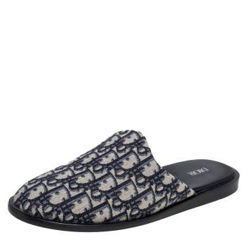 Pre Owned Dior Blue/Beige Oblique Embroidered Cotton Fabric Mules Size 41