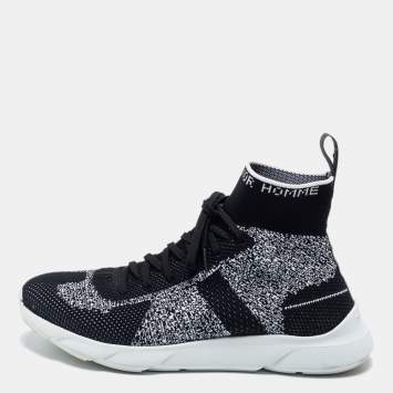 Pre Owned Dior Black/White Perforated Knit Fabric B21 Sock High Top Sneakers Size 40