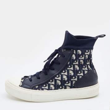 Pre Owned Dior Navy Blue/White Oblique Knit Fabric and Leather Walk'n'Dior High Top Sneakers Size 40