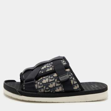Pre Owned Dior Navy Blue/Black Oblique Canvas Alpha Slide Flats Size 46