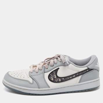 Pre Owned Dior x Jordan Grey/White Leather Jordan 1 Low Top Sneakers Size 44
