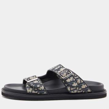 Pre Owned Dior Blue/Black Oblique Canvas and Leather Aqua Slides Size 45