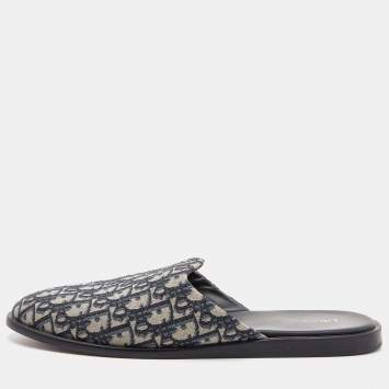 Pre Owned Dior Blue/Beige Oblique Embroidered Canvas Mules Size 45