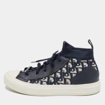 Pre Owned Dior Navy Blue Leather and Fabric Walk n Dior High Top Sneakers Size 41.5