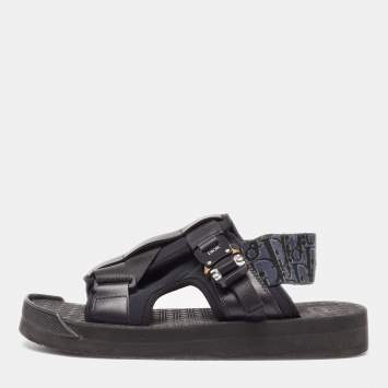 Pre Owned Dior Black/Navy Blue Leather and Oblique Canvas Sandals Size 40