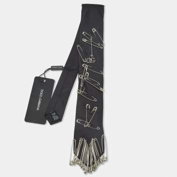 Pre Owned Dolce & Gabbana Black Safety Pin Embellished Satin Skinny Tie 