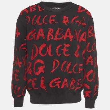 Pre Owned Dolce & Gabbana Black/Red Jacquard Knit Monogram Sweater L 