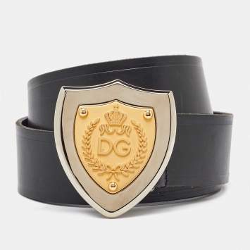 Pre Owned Dolce & Gabbana Black Leather Shield Logo Plaque Belt 95CM
