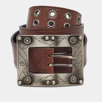 Pre Owned Dolce & Gabbana Brown Leather Big Buckle Belt 100CM