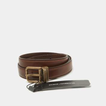 Pre Owned Dolce & Gabbana Brown Leather Buckle Belt 95CM