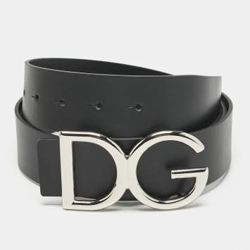 Pre Owned Dolce & Gabbana Black Leather DG Logo Buckle Belt 90CM
