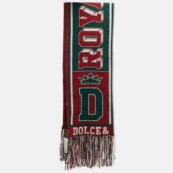 مملوكة مسبقًا Dolce & Gabbana Burgundy/Green Logo Intarsia Cashmere Fringed Muffler 