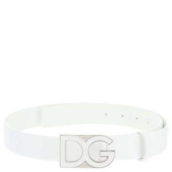 Pre Owned Dolce & Gabbana White Leather DG Belt Size CM 105