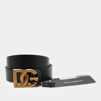 Pre Owned Dolce & Gabbana Black Leather DG Logo Belt 110CM