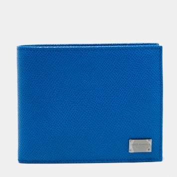 Pre Owned Dolce & Gabbana Blue Leather Logo Bifold Compact Wallet