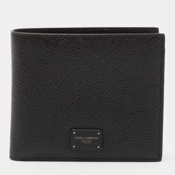 Pre Owned Dolce & Gabbana Black Leather Logo Plaque Bifold Wallet