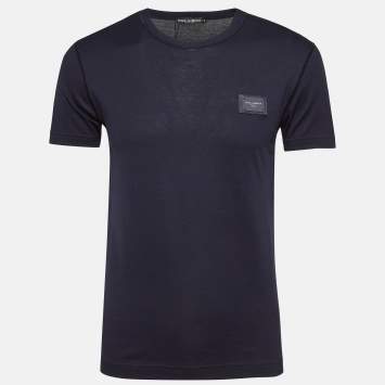 Pre Owned Dolce & Gabbana Navy Blue Metal Logo Applique Jersey T-Shirt XS