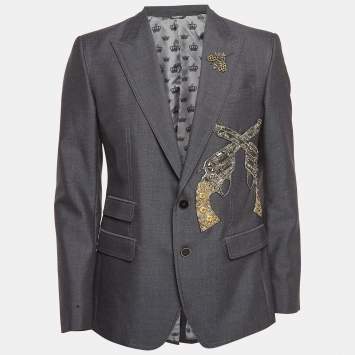 Pre Owned Dolce & Gabbana Grey Crystal Embellished Wool Blazer L