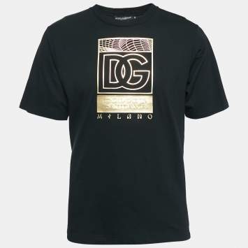 Pre Owned Dolce & Gabbana Black/Gold Logo Print Cotton Jersey T-Shirt M