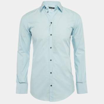 Pre Owned Dolce & Gabbana Gold Light Blue Cotton Button Front Shirt S