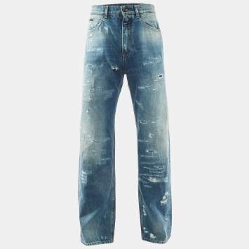 Pre Owned Dolce & Gabbana Blue Denim Distressed Loose Fit Jeans XS/Waist 31"