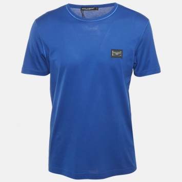 Pre Owned Dolce & Gabbana Royal Blue Cotton Logo Plaque Crew Neck T-Shirt L