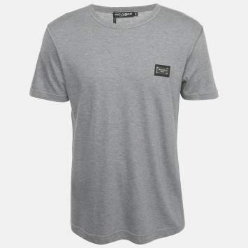Pre Owned Dolce & Gabbana Grey Cotton Logo Plaque Crew Neck T-Shirt L