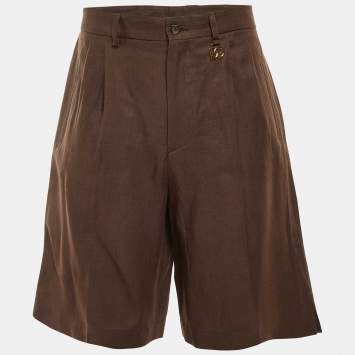 مملوكة مسبقًا Dolce & Gabbana Brown Linen Logo Detail Bermuda Shorts M