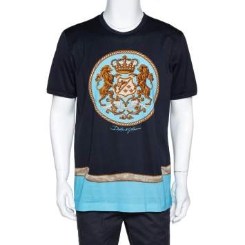 Pre Owned Dolce & Gabbana Navy Blue Principi Di Sicilia Print Cotton T-Shirt 3XL