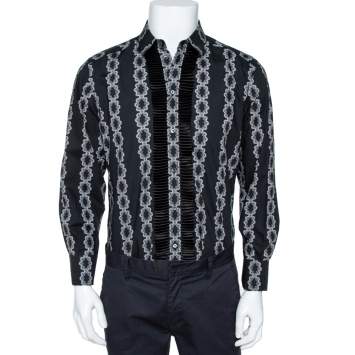 Pre Owned Dolce & Gabbana Black Floral Motif Cotton Silk Pleat Detail Shirt L