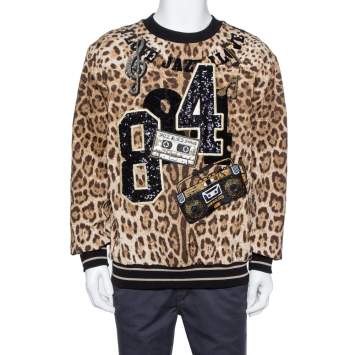 مملوكة مسبقًا Dolce & Gabbana Brown Leopard Print Jacquard Musical Patch Sweatshirt L