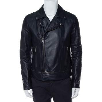 Pre Owned Dolce & Gabbana Navy Blue Leather Quilted Lined Biker Jacket M