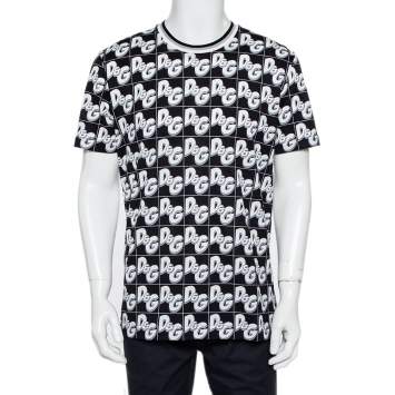 Pre Owned Dolce & Gabbana Black/White All Over Print Cotton Crewneck T-Shirt XL