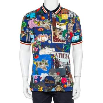 Pre Owned Dolce & Gabbana Multicolor Italy Tour Printed Cotton Pique Polo T-Shirt XL