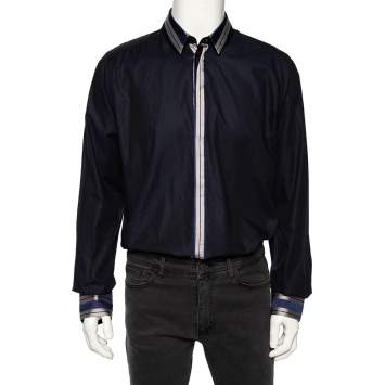 Pre Owned Dolce & Gabbana Navy Blue Cotton Stripe Silk Collared Gold Label Shirt XXL