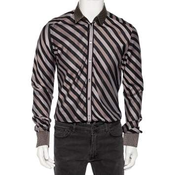 Pre Owned Dolce & Gabbana Brown Diagonal Striped Cotton Contrast Silk Collared Shirt L