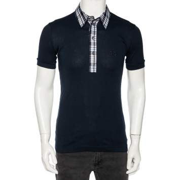 Pre Owned Dolce & Gabbana Navy Blue Cotton Plaid Trim Detail Polo T-Shirt M (IT 48) 
