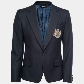 Pre Owned Dolce & Gabbana Navy Blue Wool Logo-Badge Blazer M