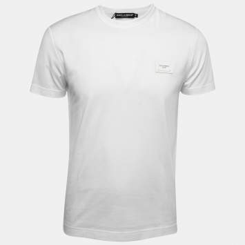Pre Owned Dolce & Gabbana White Cotton Logo Plaque Detail Round Neck T-Shirt S