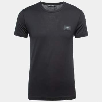 Pre Owned Dolce & Gabbana Black Cotton Logo Patch Crew Neck T-Shirt XS