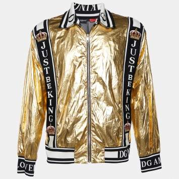Pre Owned Dolce & Gabbana Gold Metallic 'Just Be King' Foil Bomber Jacket L