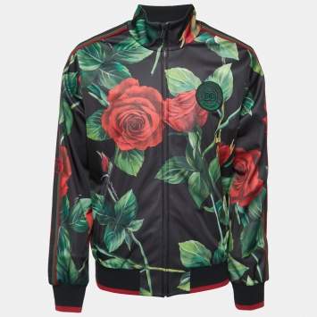 Pre Owned Dolce & Gabbana Black Rose Printed Jersey Zip Front Jacket L