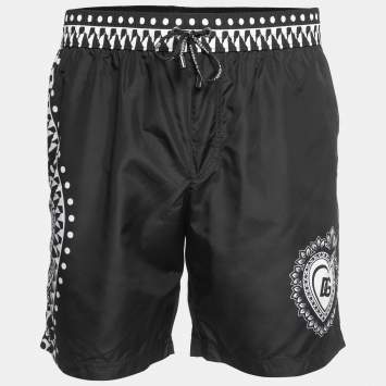 Pre Owned Dolce & Gabbana Black Heart Logo Print Synthetic Swim Trunk L